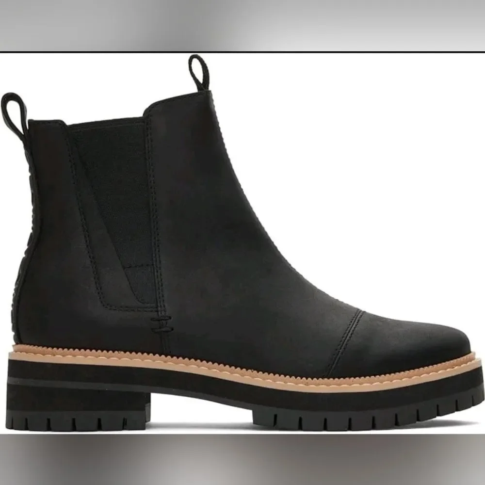 TOMS Dakota Designer Waterproof Black Ankle Booties Tan Sole Boots 9.5